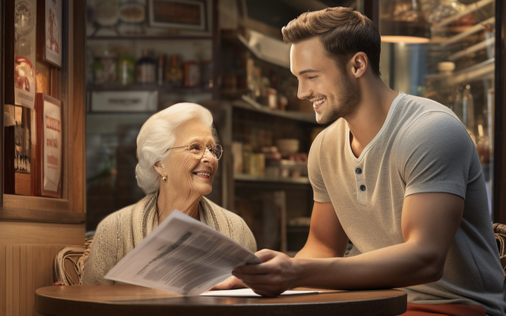 A man helping an elderly woman read the morning newspaper