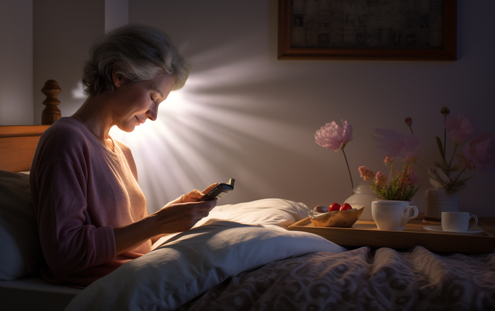 An old woman sitting in bed reading a booklet