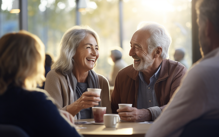 A group of old people laughing at a table in a community center