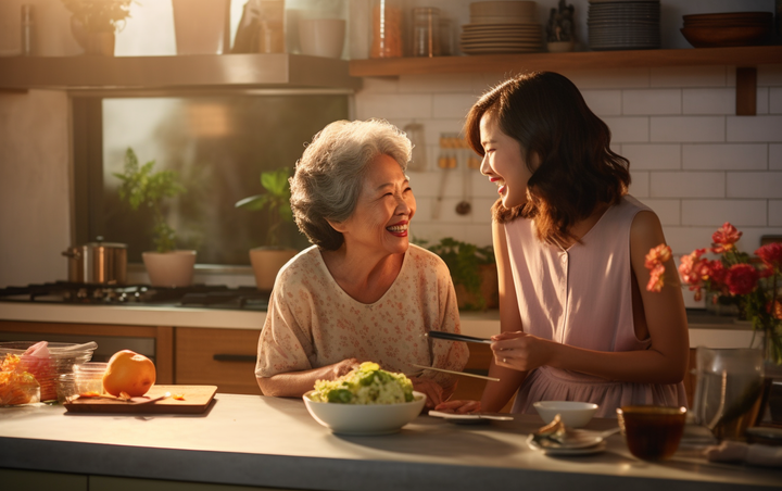 A young woman and an old woman cooking together in the kitchen