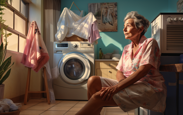 An old woman struggling to do her own laundry