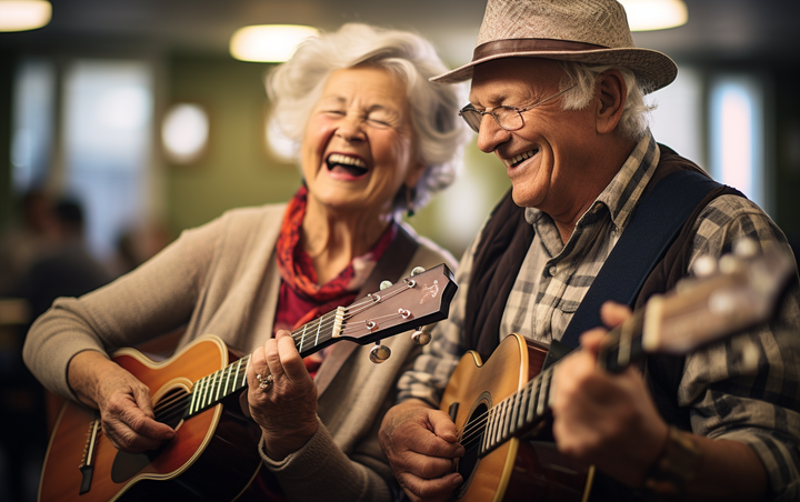 Two old people playing the guitar and laughing