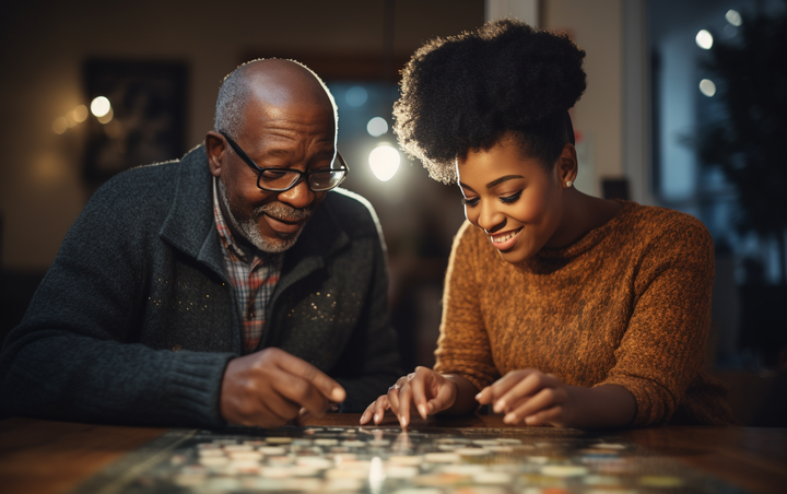 A woman helping an old man complete a puzzle