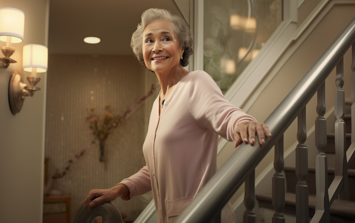 An old woman using a handrail to go down the stairs