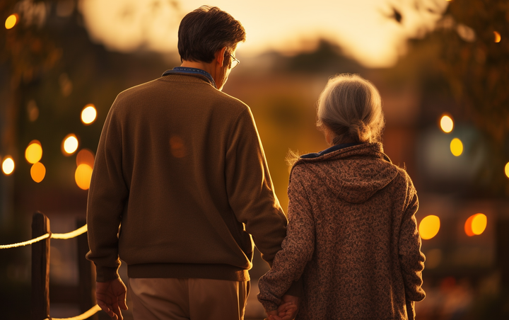 A middle-aged man helping his mom walk