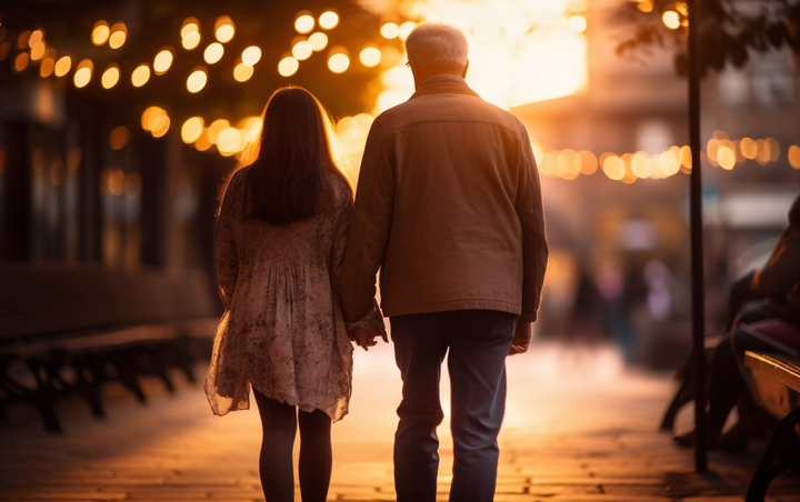 Picture of an elderly person and caregiver/family member walking around the town